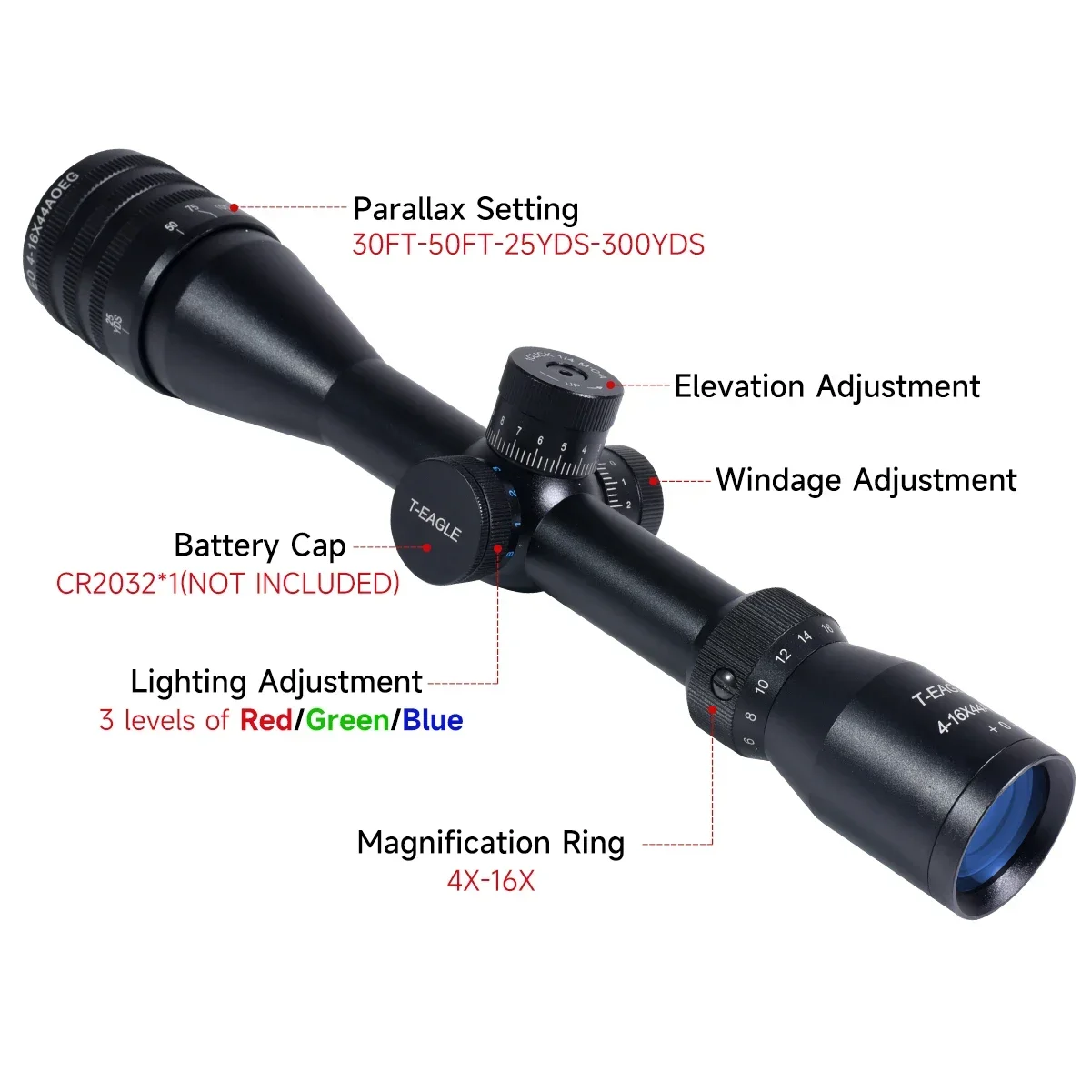 EO4-16x44AOEG mira telescópica para caza, mira óptica iluminada en rojo, verde y azul, mira táctica para pistola Airsoft para montaje en riel de 11mm/20mm - imagen 4