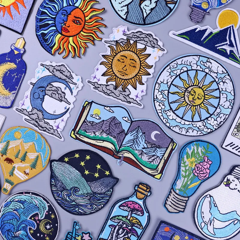 Parches bordados de paisaje al aire libre para ropa, parche termoadhesivo de ondas marinas, nublado, lluvioso y soleado, parche Fusible para planchar, bricolaje