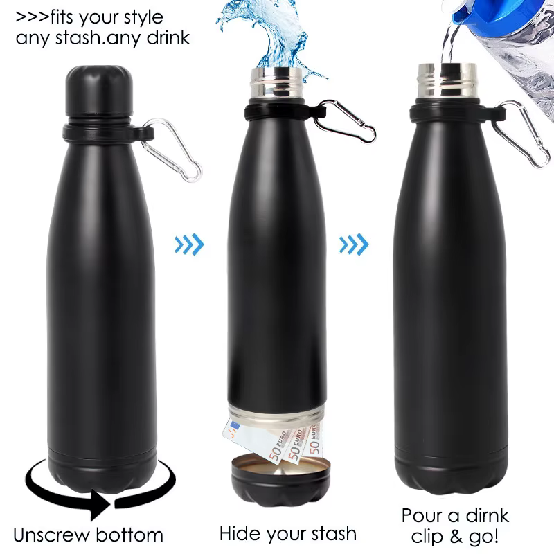 Botella táctica de agua con compartimento oculto acero para llaves tarjetas y efectivo - imagen 2