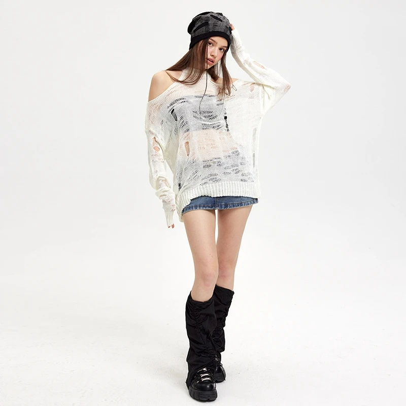 Suéter suelto de alta calidad para mujer, jerséis finos estéticos Y2K, Tops de punto casuales ahuecados, Primavera - imagen 5