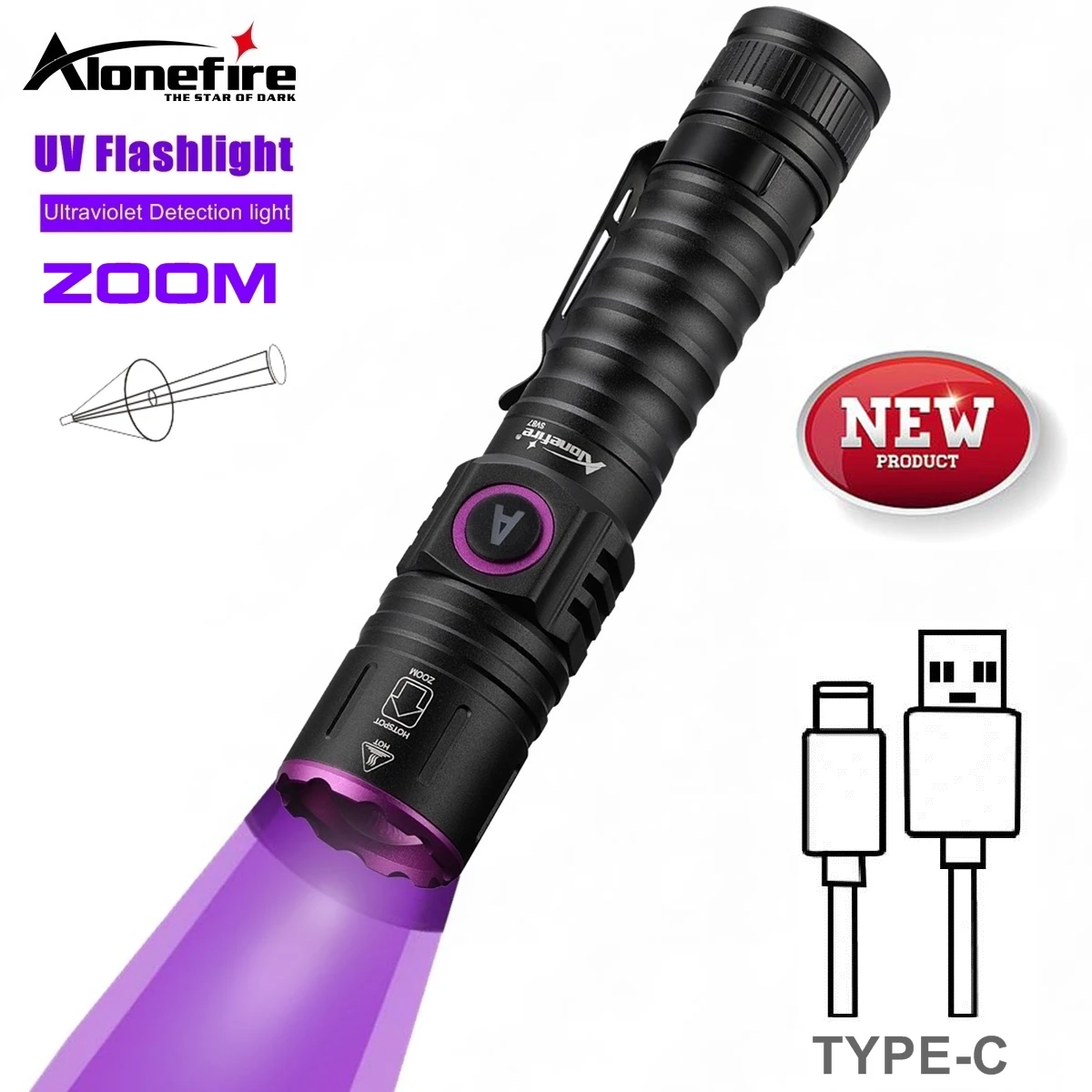 Linterna UV LED profesional 365-395nm con detector luz negra USB-C