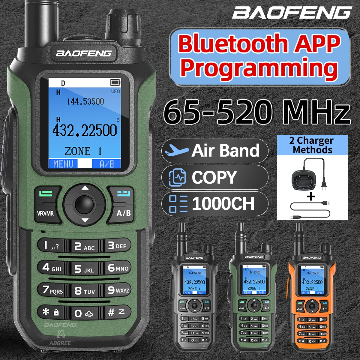 Baofeng UV-21 PRO Air Band Walkie Talkie programación Bluetooth de largo alcance 1000CH AM FM NOAA VOX cargador tipo C V3 Radio bidireccional