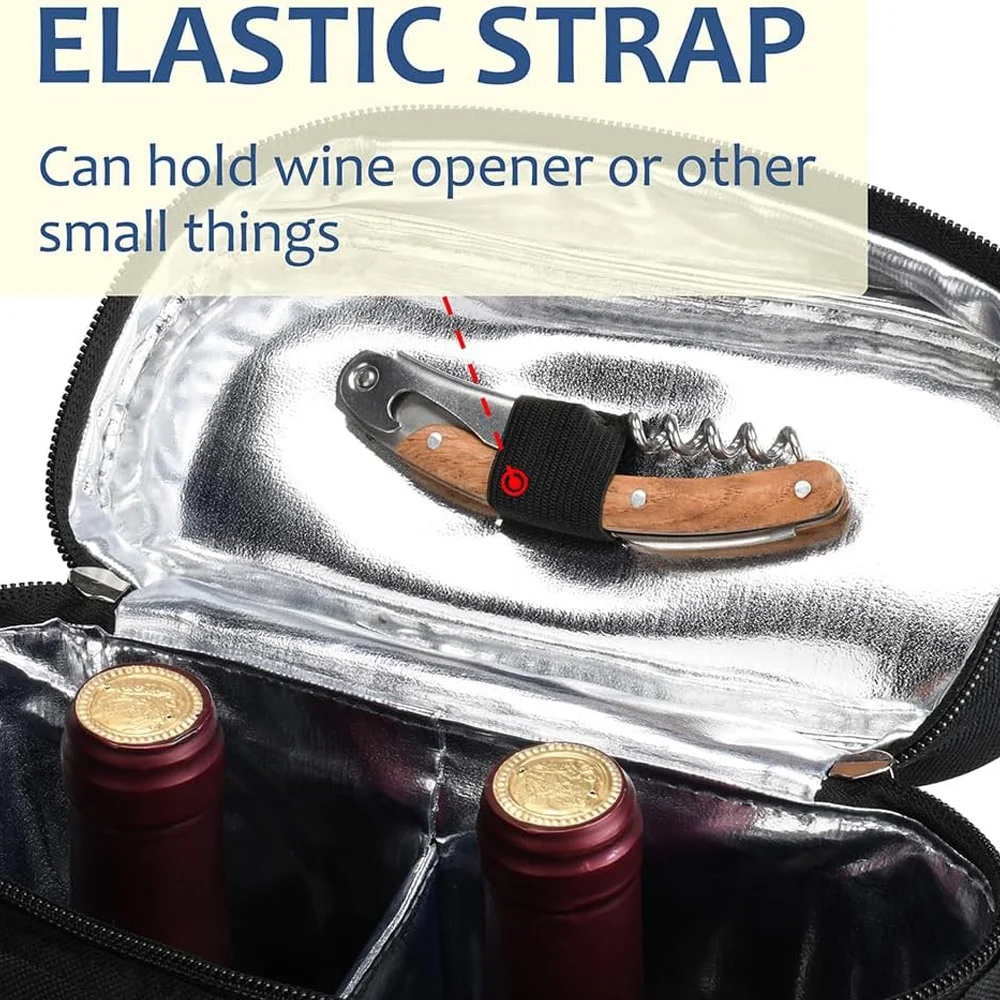 Bolsa enfriadora de vino aislada con correa ajustable para el hombro, bolsa de transporte acolchada para botella doble para Picnic, Camping, amantes del vino - imagen 3