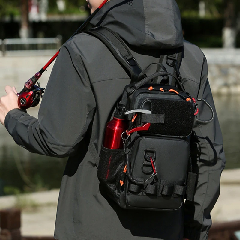 Mochila para señuelos de pesca con soportes para cañas, bolsa de pecho Molle, riñoneras multifuncionales para senderismo al aire libre, mochila de hombro, estuche grande - imagen 3