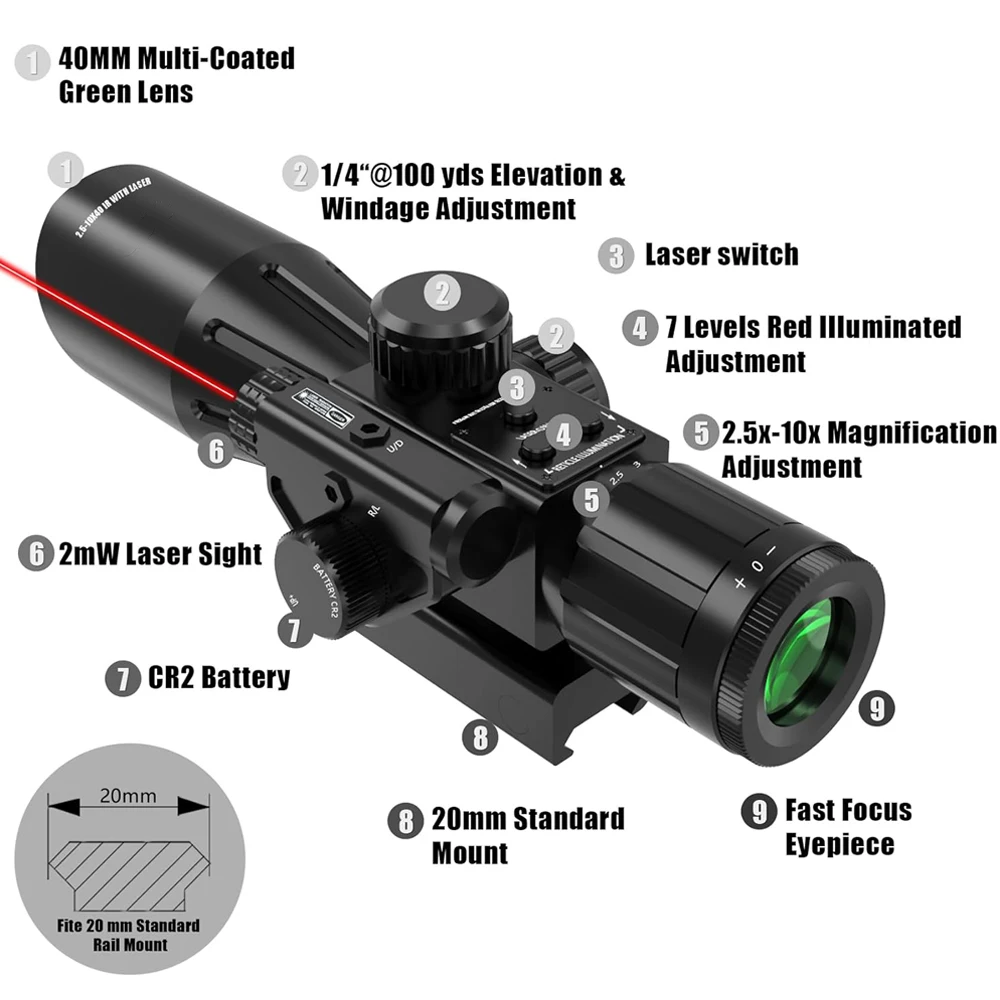 Mira telescópica para Rifle de 2,5-10x40IR, mira telescópica Mil-dot iluminada roja con mira láser roja, mira óptica para caza, Rifles de pistola - imagen 5
