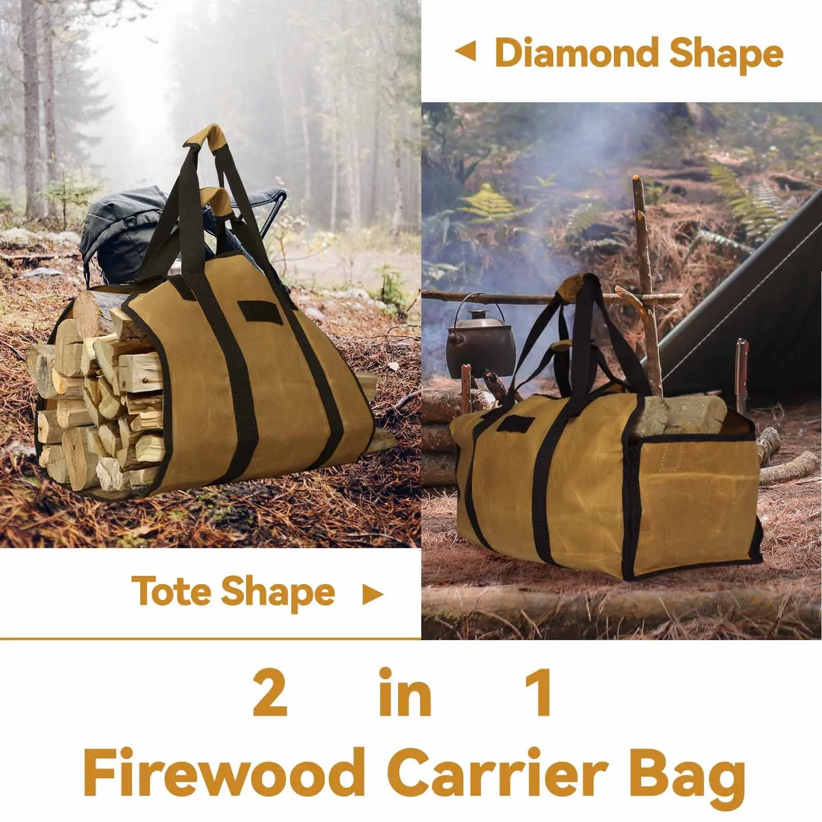 Bolsa grande de lona encerada 2 en 1 para leña, bolsa de mano con asas para chimenea, Camping al aire libre - imagen 2