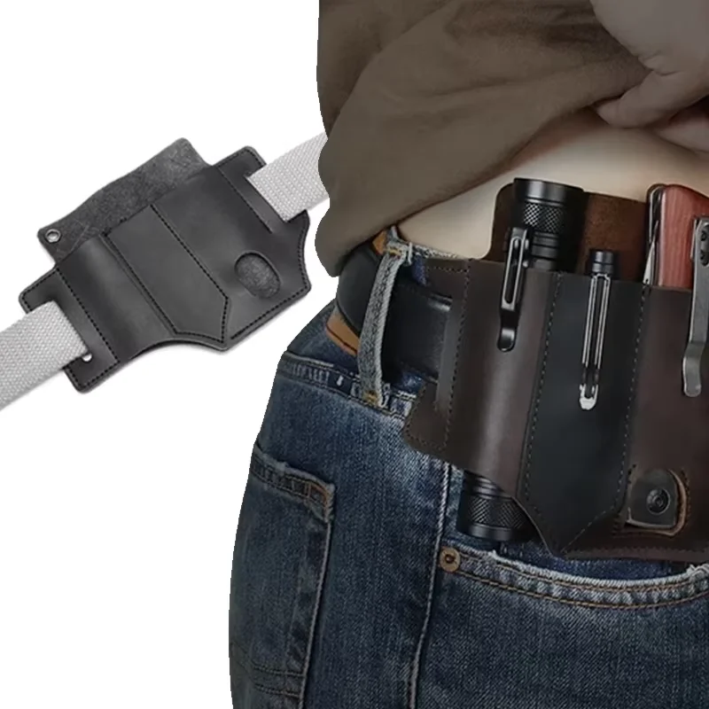 Herramienta EDC de cuero para exteriores, funda para cuchillo, bolsillos, soporte multiherramientas, organizador esencial, bolsa para cinturón, bolsillo para caza, linterna portátil - imagen 3