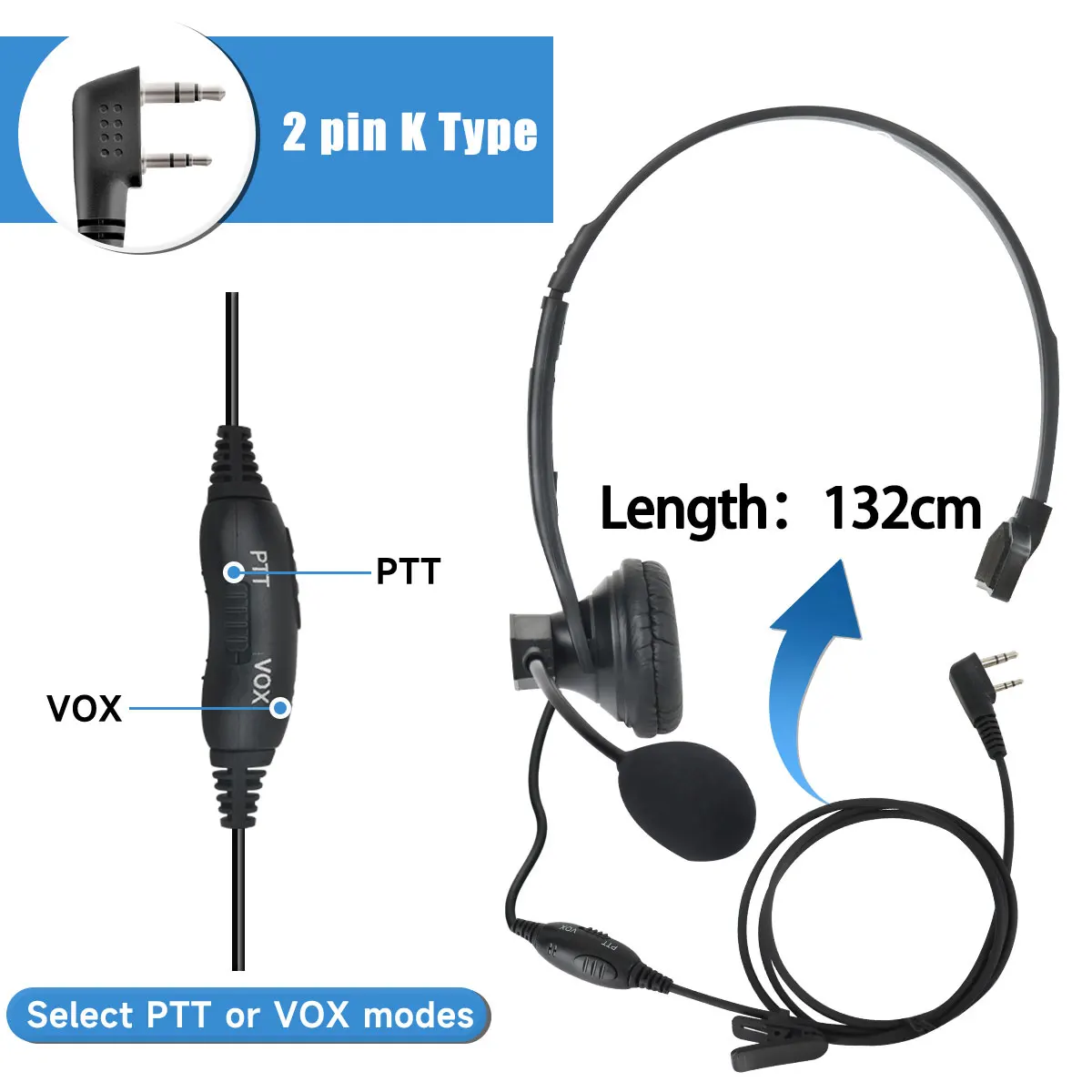 ABBREE Head Mounted Earphones 2Pin K Plug Walkie Talkie Headset PTT/VOX Mic For Baofeng UV-5R UV-21 UV-5RH Quansheng UV-K5 UV-K6 - imagen 3