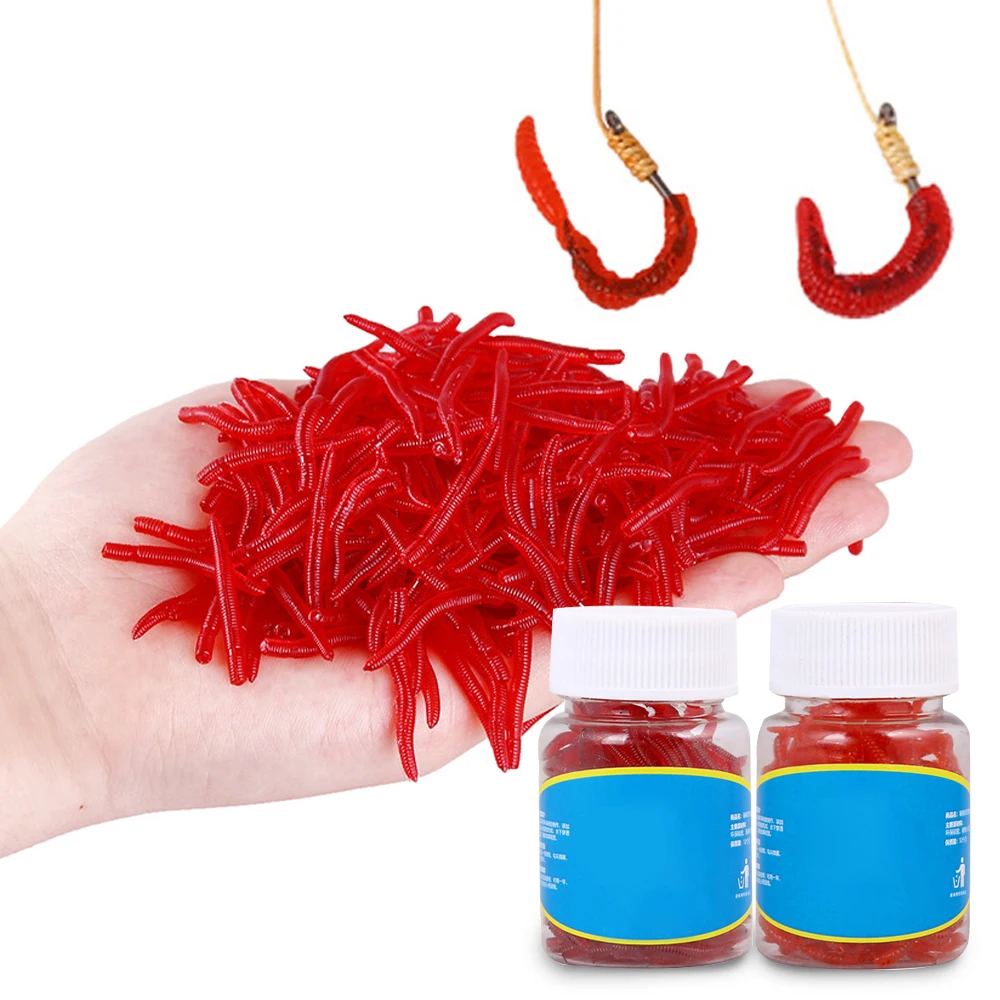 100 uds/botella cebo suave de gusano señuelo Artificial 4 secciones señuelo de gusano rojo olor a pescado aparejos realistas cebo de pesca de carpa lubina