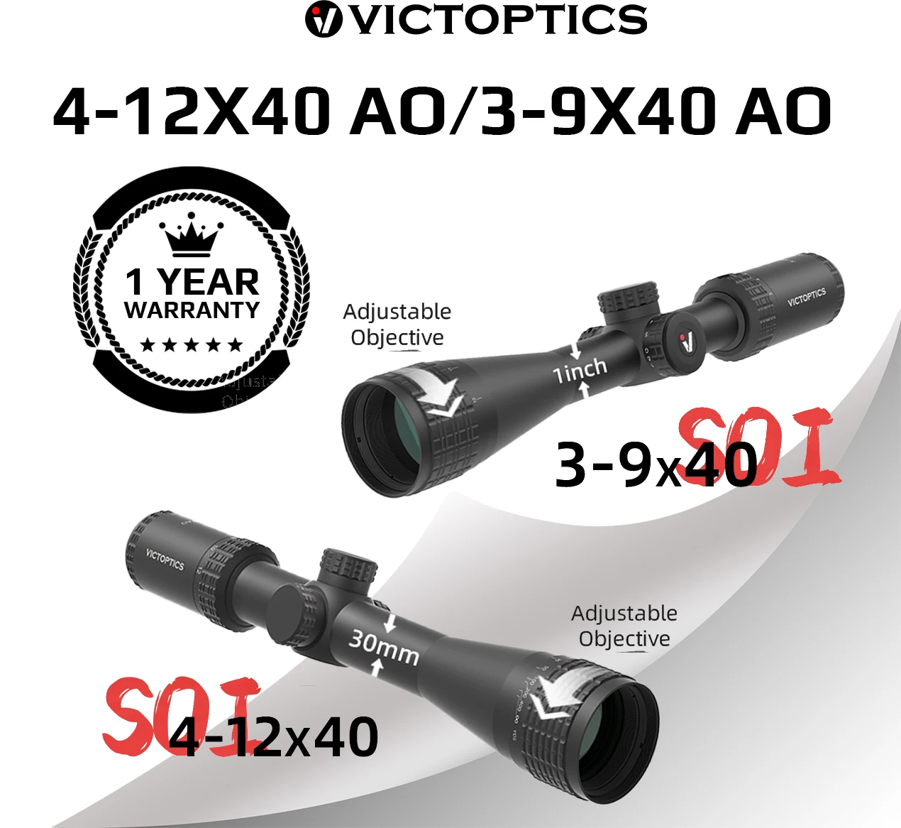 VictOptics SOI 4-12x40 AO/3-9X40 AO Alcance con diámetro de tubo 24mm/30mm, retícula iluminada rojo y verde de 5 niveles, SFP, para caza - imagen 2