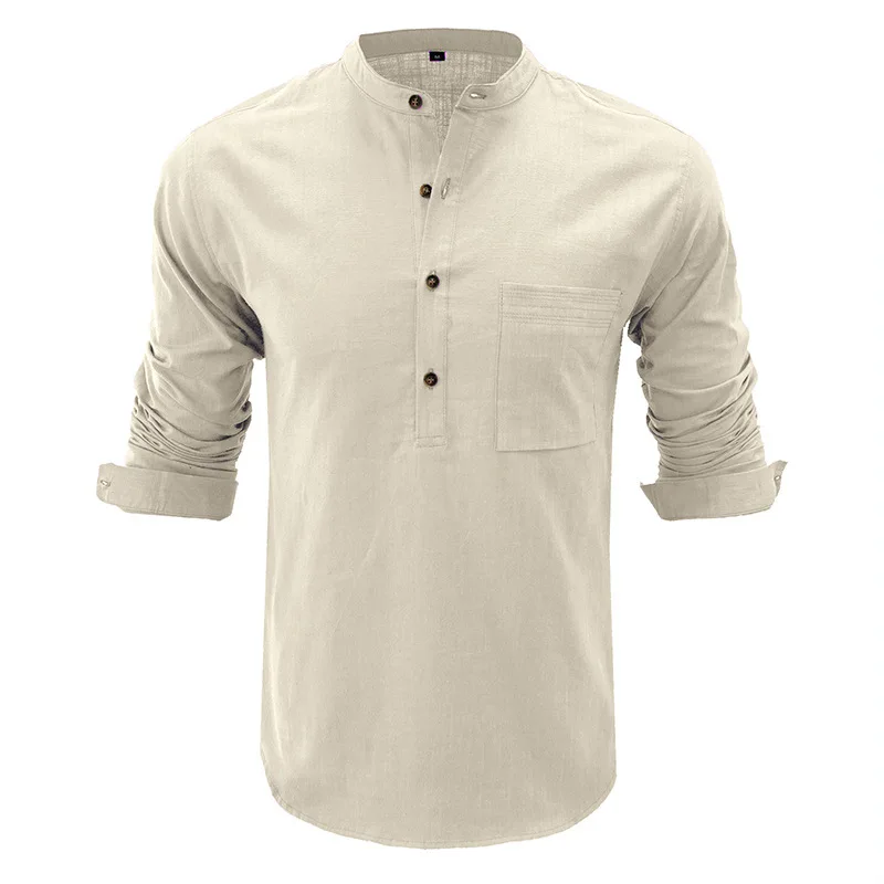 Camisa de lino y algodón para hombre, camisa de manga larga con cuello redondo, botón medio abierto, Top informal, holgado, Simple, primavera y otoño - imagen 4