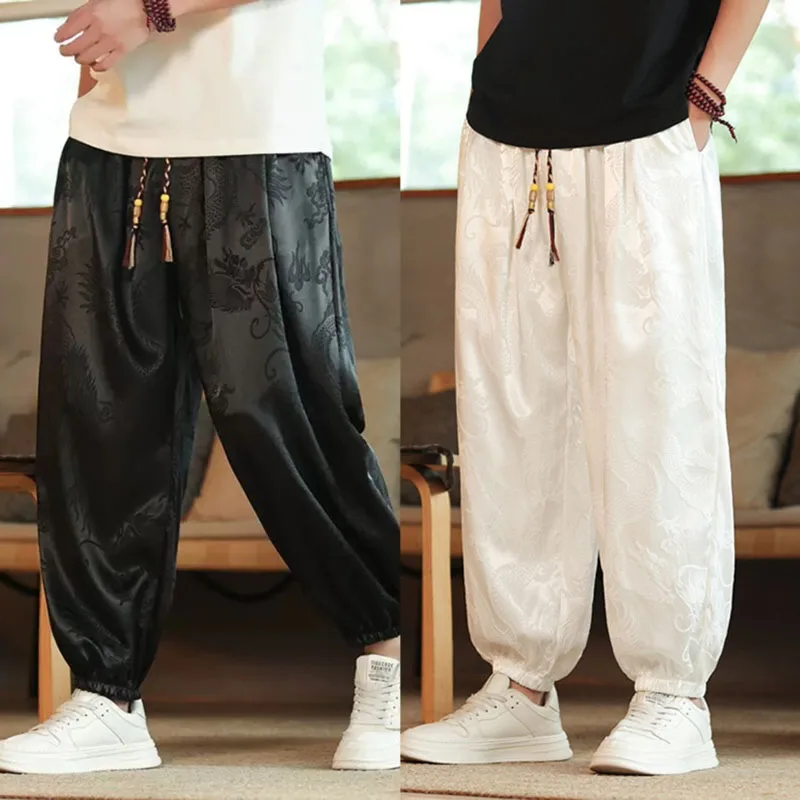Pantalones de verano para hombre, pantalones informales Harajuku, pantalones de pierna ancha de estilo japonés, ropa de calle fina holgada de seda helada, pantalones de chándal holgados para correr - imagen 3
