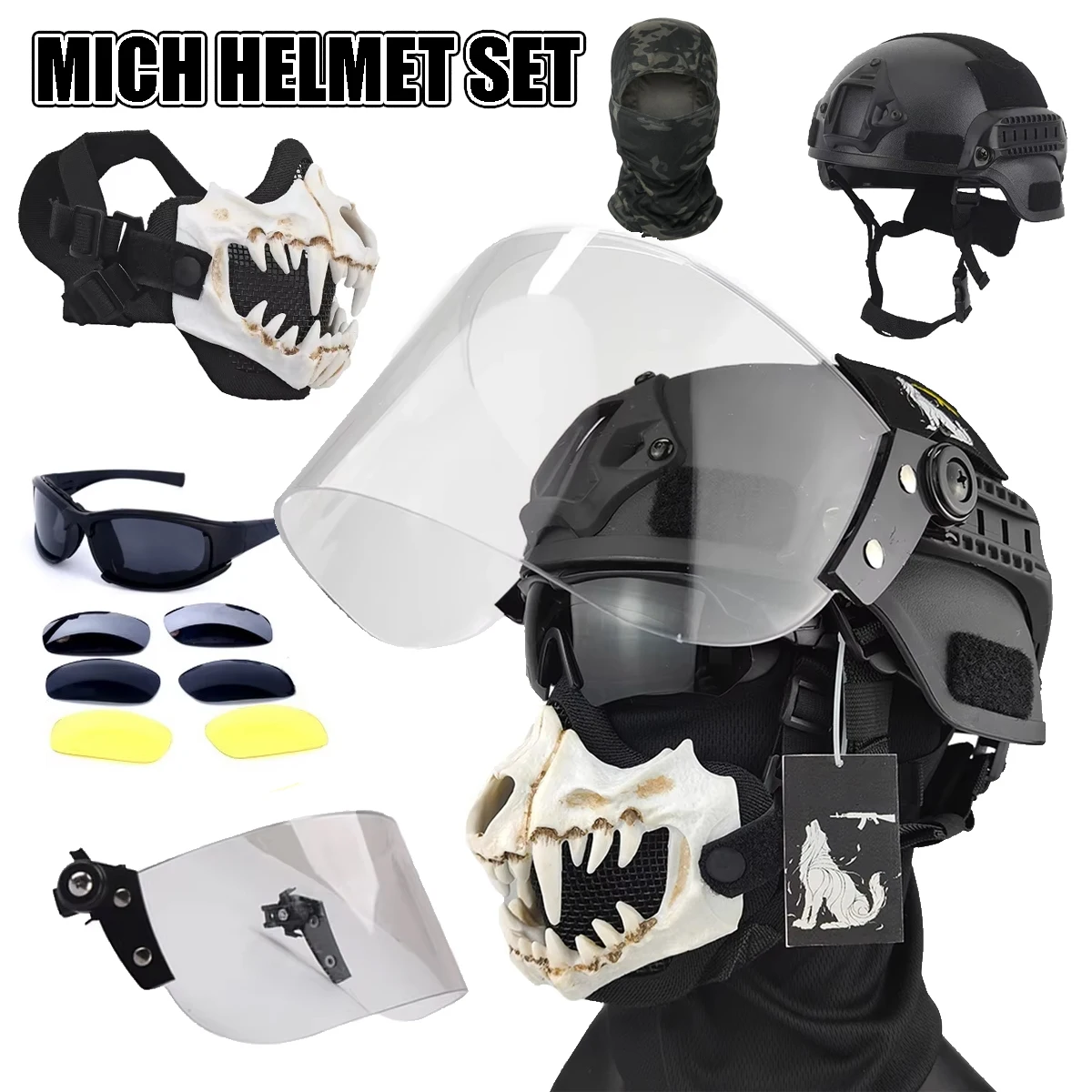 Casco táctico MICH Airsoft, conjunto de máscara de esqueleto de malla de media cara con gafas, máscara de protección Airsoft, equipo de tiro de caza al aire libre