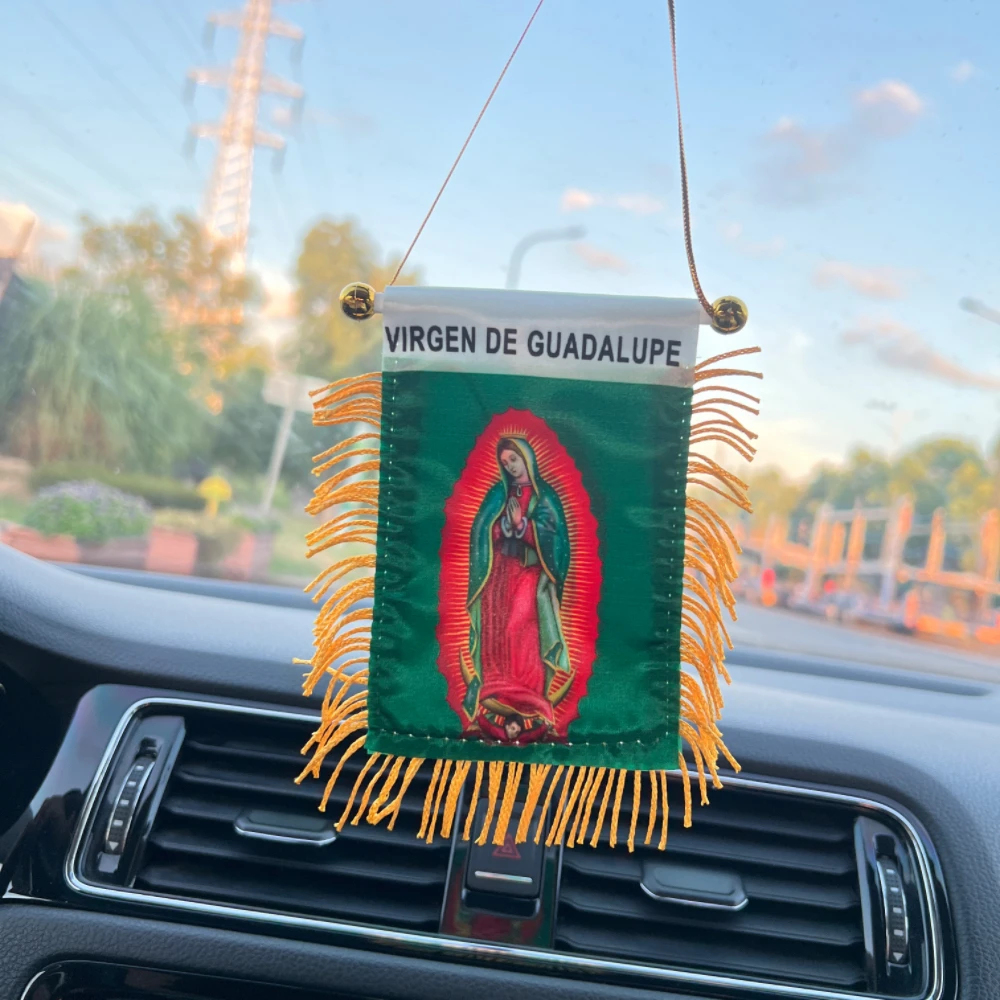 Bandera de Nuestra Señora de Guadalupe Virgen María, 10x14cm, decoración de ventana de coche, banderas colgantes de poliéster