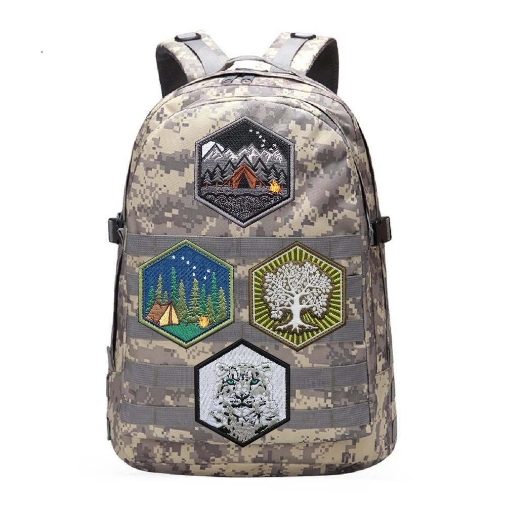 Parche bordado de seis lados para campamento al aire libre, PDW, paisaje natural, moral, envoltura de leopardo de nieve con mochila, Parche de bucle de gancho, nuevo - imagen 3