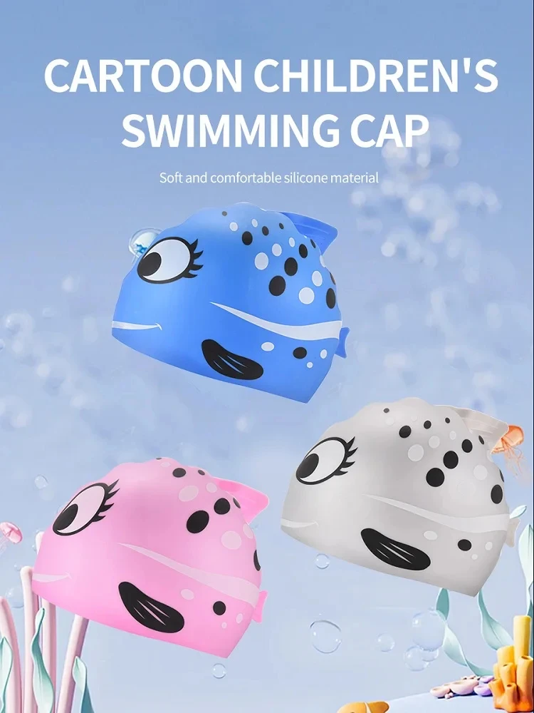Gorro de natación impermeable de silicona para niños, diseño de puntos de pescado de dibujos animados, unisex, suave, sin presión para niños y niñas - imagen 2