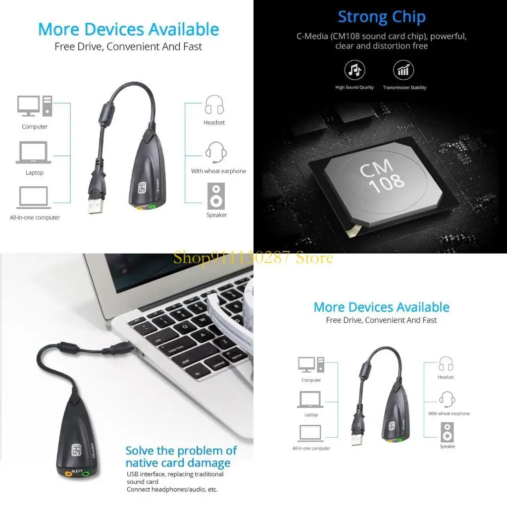 Tarjeta sonido externa USB J1HC 5HV2 con auriculares adaptador USB 3.5 mm 7.1 Sound Card