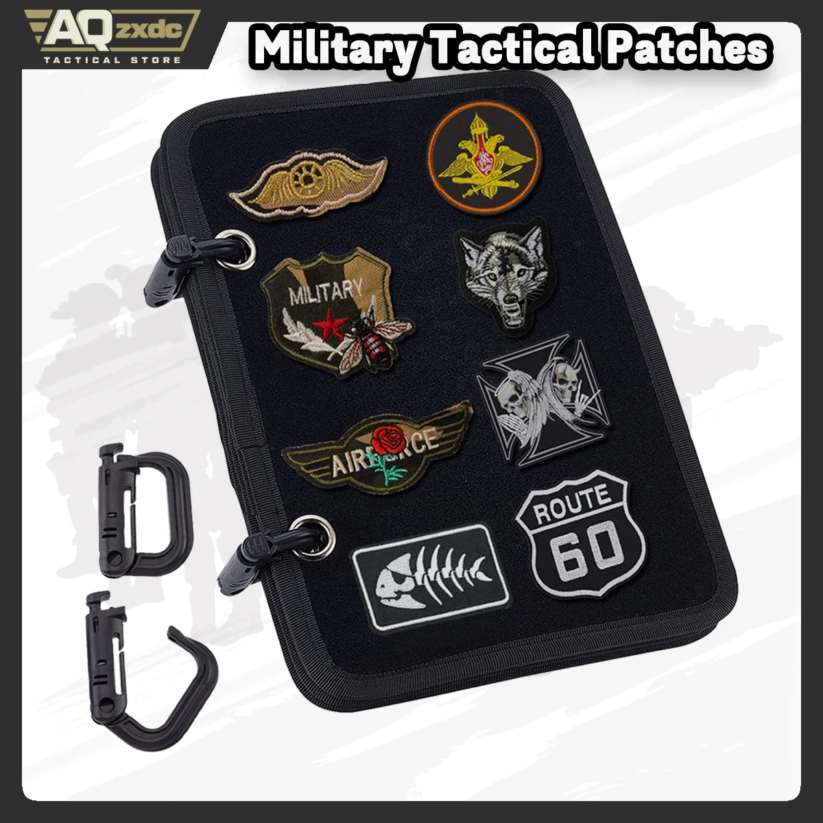 Organizador de folletos de parches tácticos, soporte de libro de parches de página abatible negro de 5 páginas con hebillas en D extraíbles para emblema de moral militar
