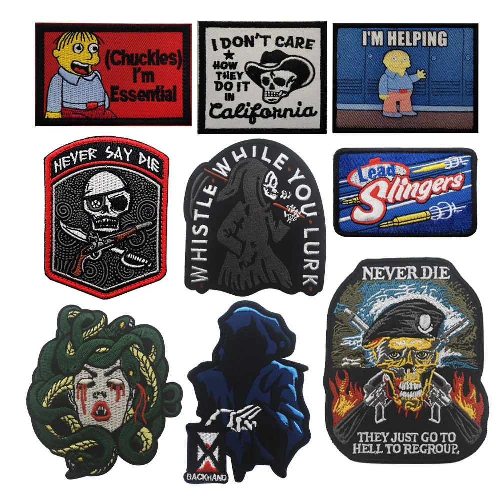 Parche bordado de Medusa silbatos, mientras que al acecho, nunca digo que die, I'M HELP lead slinger Badge Hook Loop apliques Sticker para chaqueta