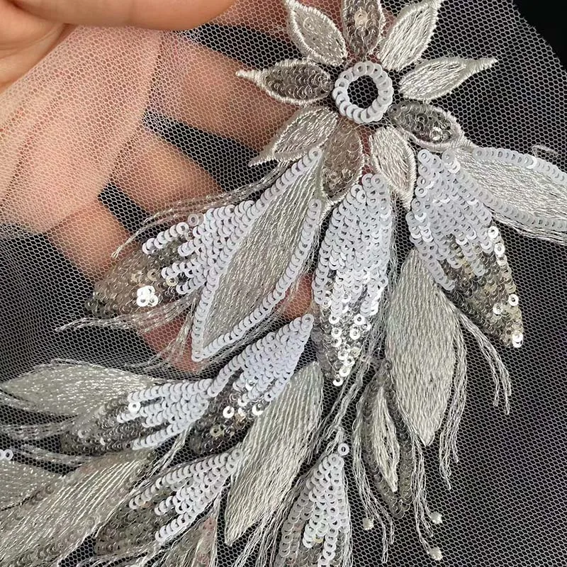 Apliques bordados de lentejuelas para vestidos de mujer, parches de encaje recortados, decoraciones de boda, 32x12CM - imagen 4