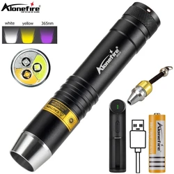 Linterna LED UV 365nm táctica multifunción con luz blanca y amarilla