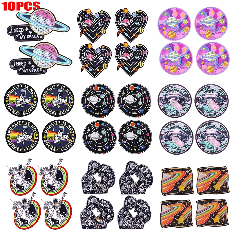 10 Uds. De parches bordados de astronauta OVNI espacial para ropa, parche de dibujos animados DIY, parches para planchar para ropa, insignias para coser