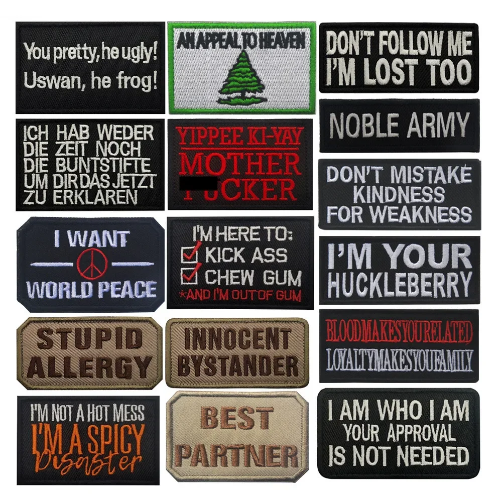 Venta caliente bordado único inglés quiero la paz mundial sombrero de moral táctico mochila parches para ropa STUPID ALLERGY