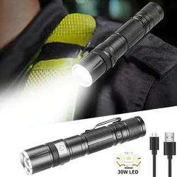 Linterna táctica LED de 30W, linterna de bolsillo de 800 lúmenes, recargable por USB, 5 modos de luz, antorcha con zoom y Clip para caza
