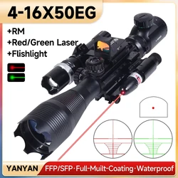 Mira telescópica óptica de caza 4-16x50EG, mira táctica de enfoque rojo y verde ajustable, puntero láser de punto rojo y linterna combinada