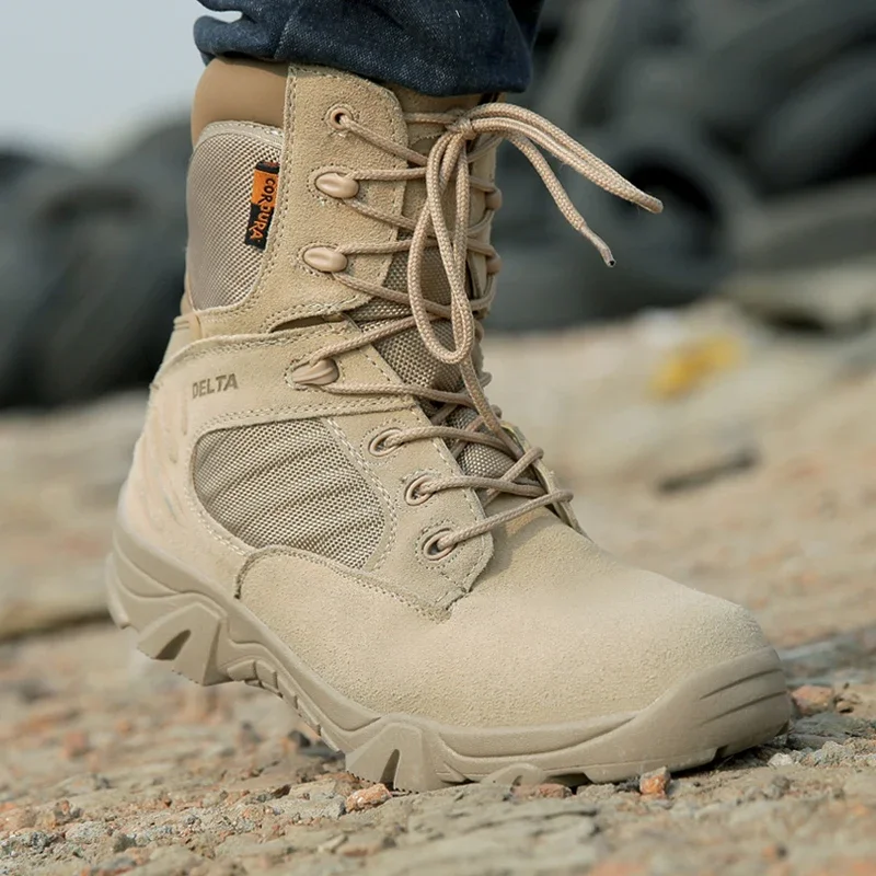 Zapatos de trabajo para hombre, botas tácticas impermeables de cuero genuino con cordones, botines de combate a la moda para motocicleta para hombre
