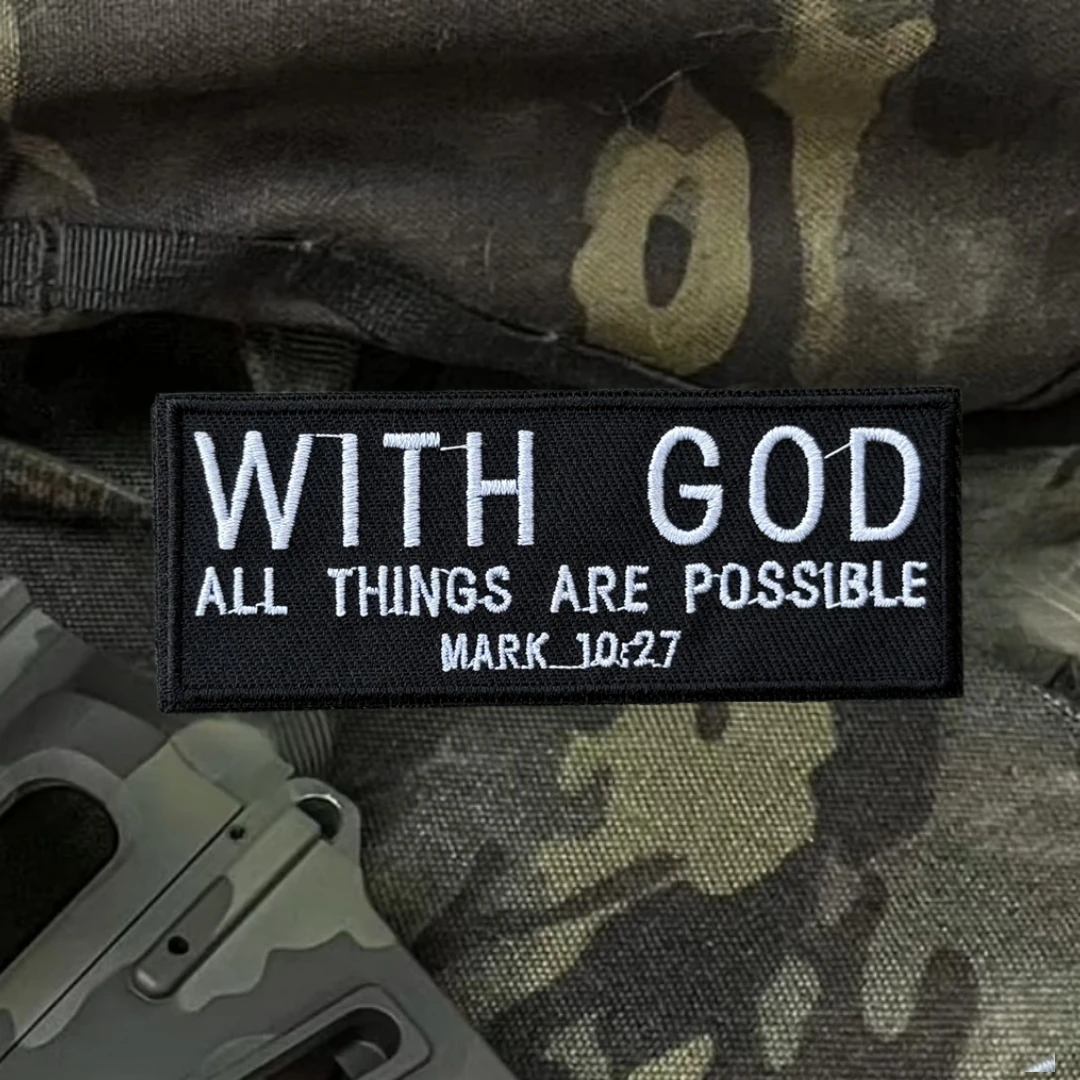 "con Dios, todas las cosas están posibles", MARK 10:7, parche para versículo bíblico, parches de gancho tácticos de moral bordados para ropa - imagen 4