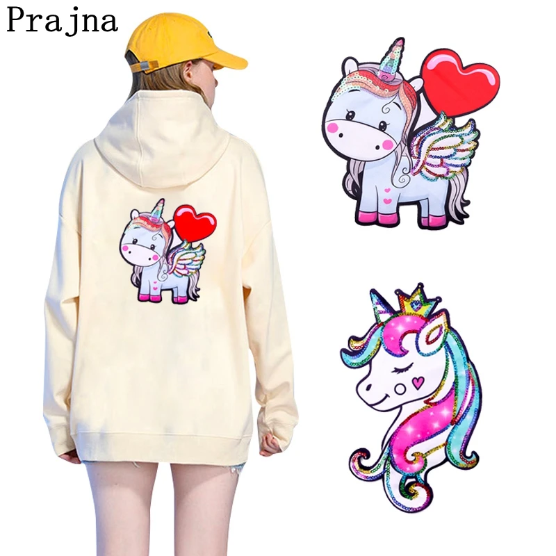 Prajna parche de lentejuelas de unicornio, parches bordados de dibujos animados para ropa, apliques de animales, accesorios de costura - imagen 3