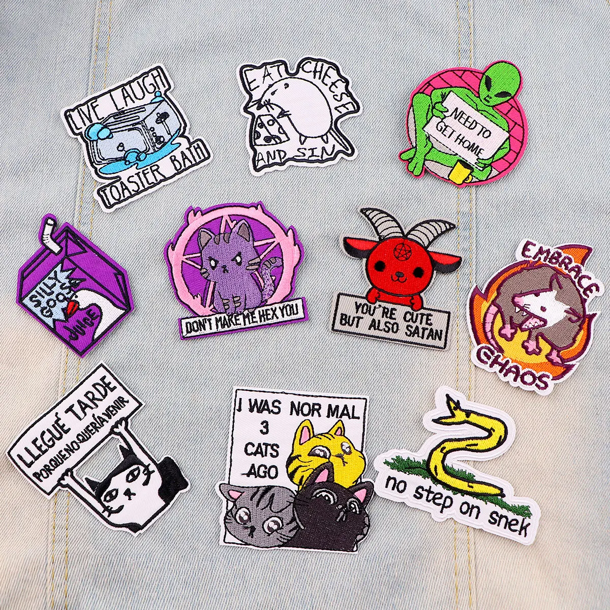 Parche de ganso Silly, bordado de gato lindo, letras, parches termoadhesivos para ropa, insignia de costura DIY