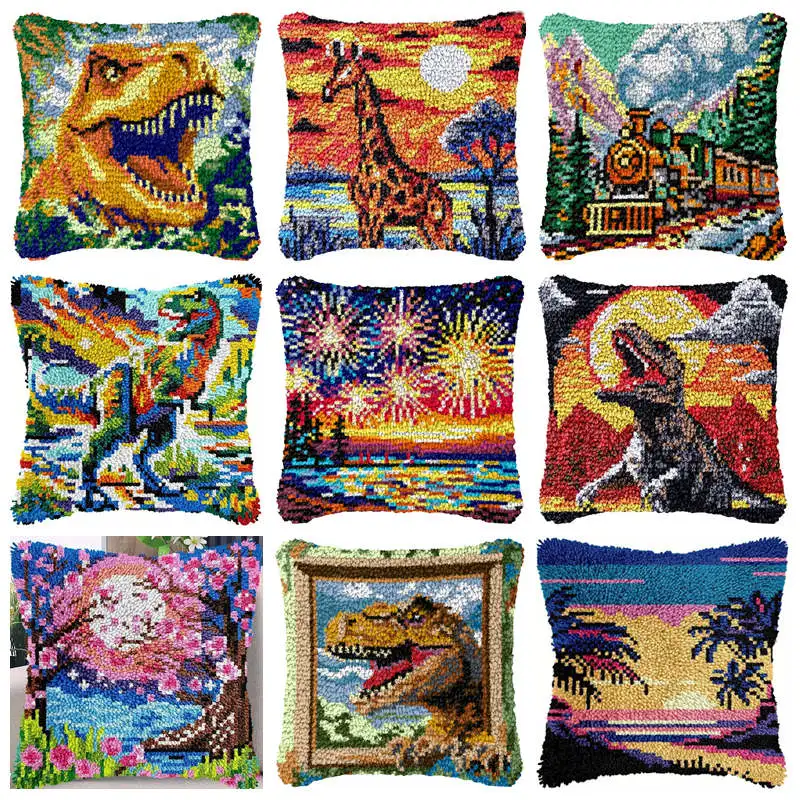 Kit de gancho de pestillo bordado para almohada de animales al aire libre, gancho de pestillo de dinosaurio para alfombra, almohadilla de botón, paquete Smyrna, Knooppakket cruzado DIY K