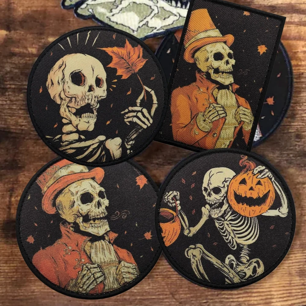 Insignia de moral táctica con estampado de noche de calabaza de Halloween, parche de insignia de calavera de otoño Victoria, gancho y bucle, pegatina para mochila al aire libre