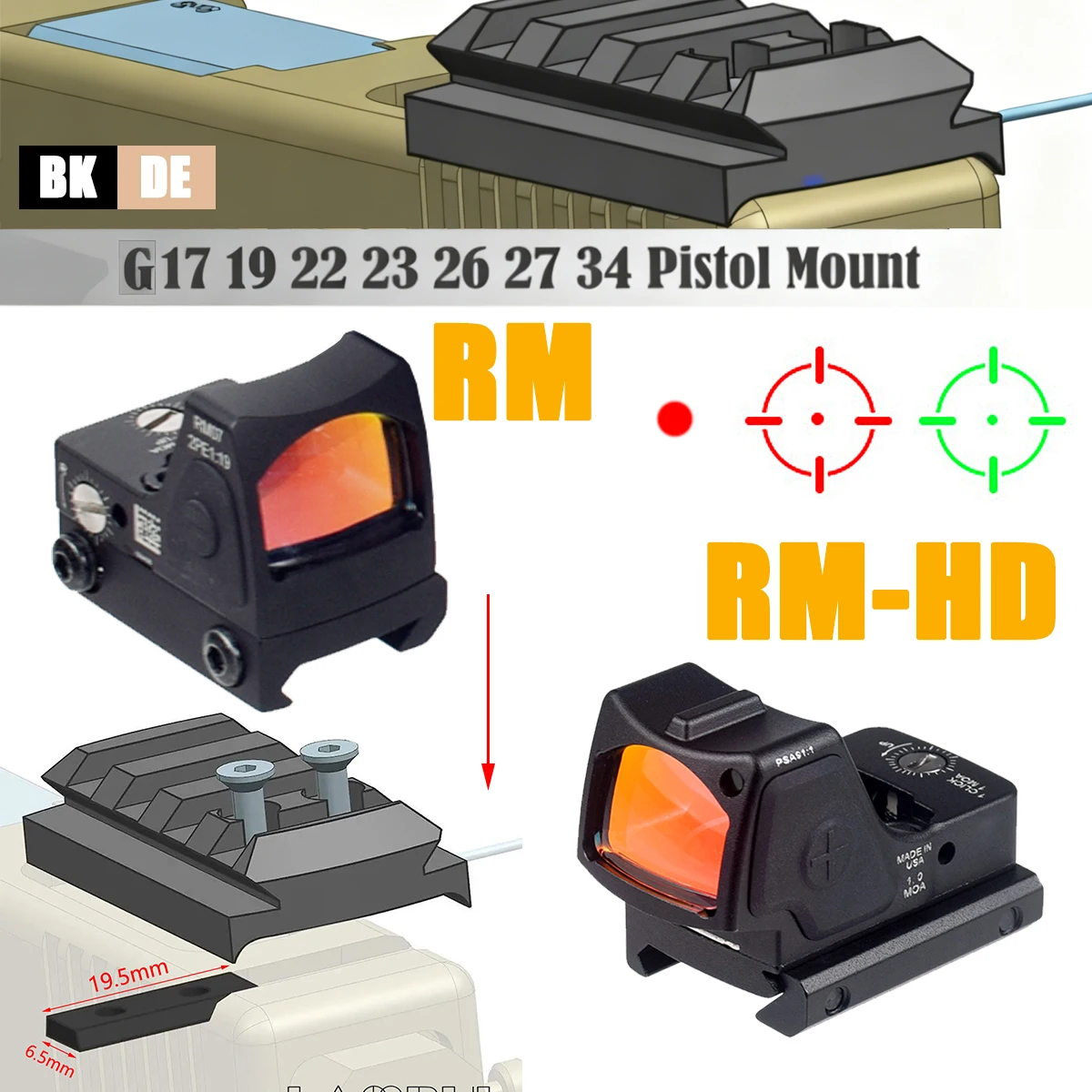 Mira telescópica táctica G17 RM Red Dot con montaje de riel de mira trasera compatible con riel de 20mm Airsoft para Glock 17 19 22 23 mira telescópica óptica - imagen 5