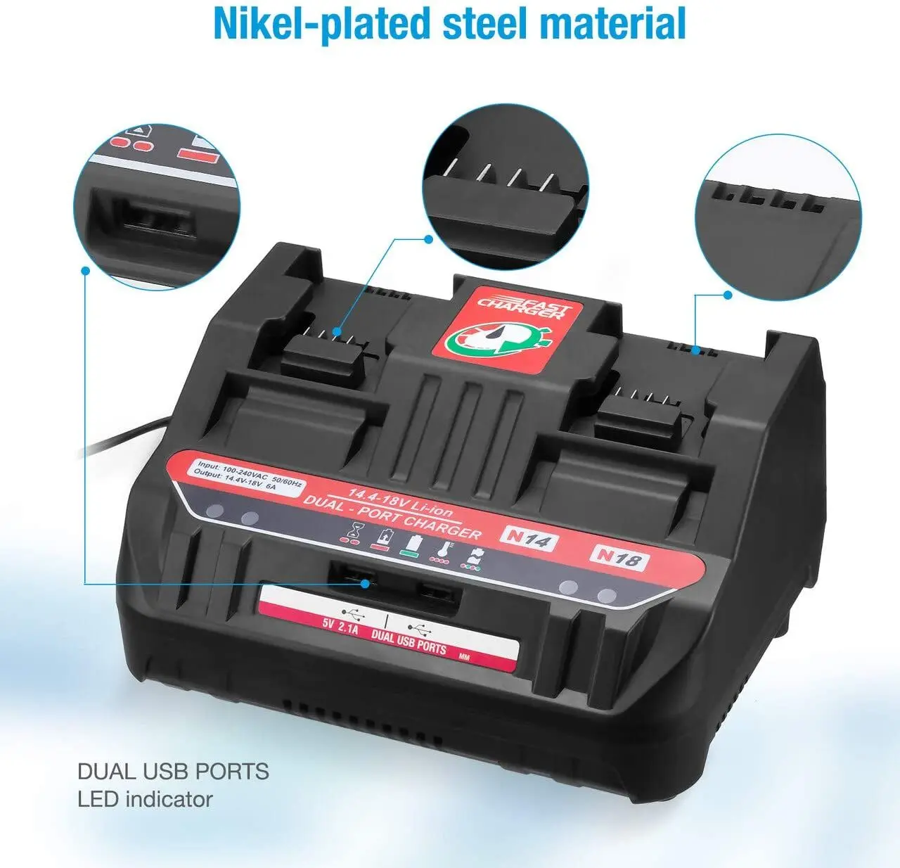 Estación de carga de batería de 2 puertos Compatible con batería de litio Milwaukee de 18V cargador de batería rápido 6A 160W con 2 puertos USB-A - imagen 4