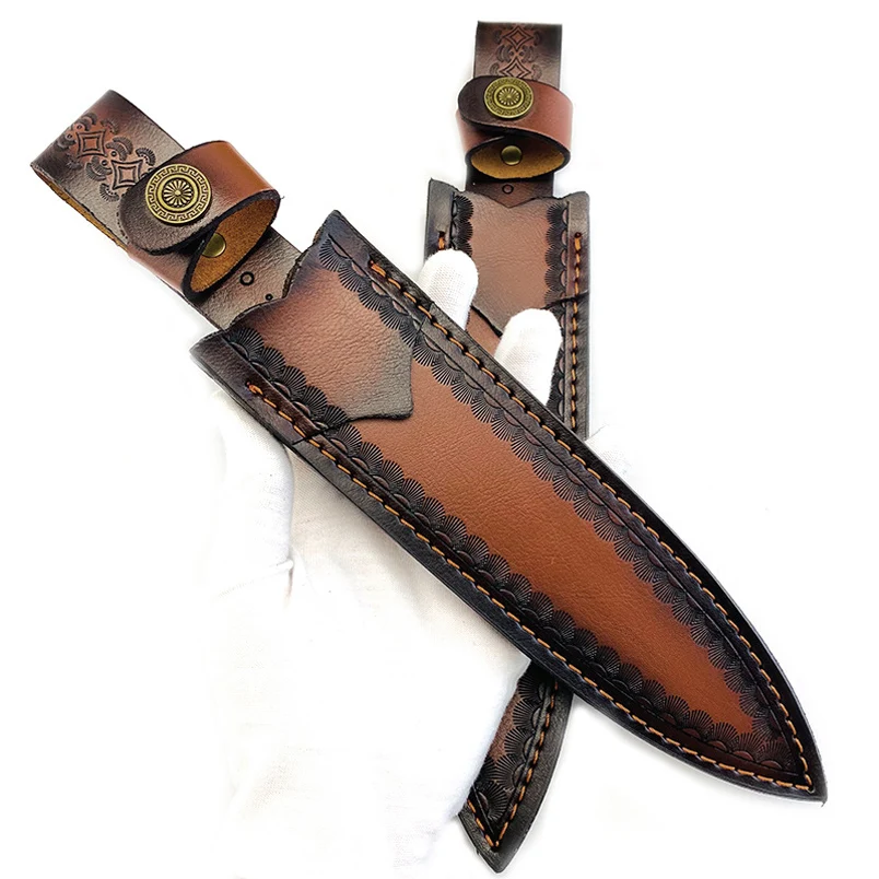 Con hebilla de latón, primera capa de Material de cuero de vaca, funda para cuchillo recto para exteriores, funda de hoja fija - imagen 5