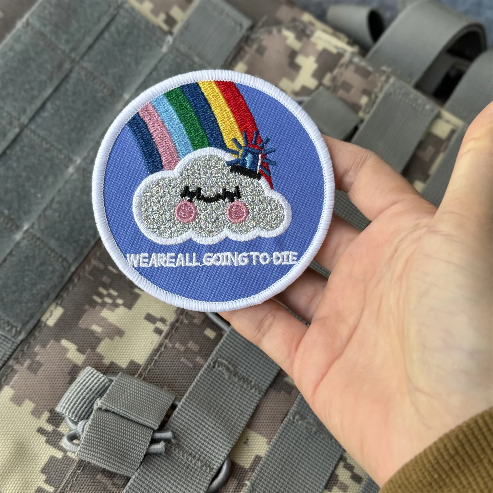 Parches militares tácticos "ERE ALL GOING TO DIE", nubes de arcoíris, moral, para equipos de ropa, mochila, pegatina de gancho y bucle - imagen 3