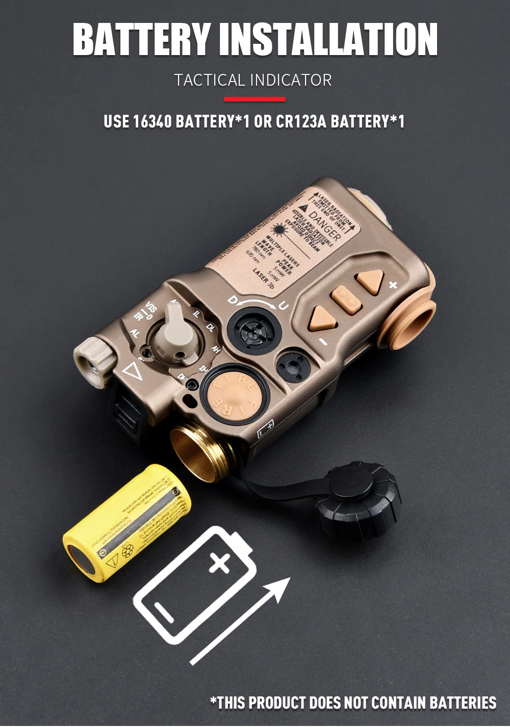 Se muestra un indicador táctico con una batería y un cargador