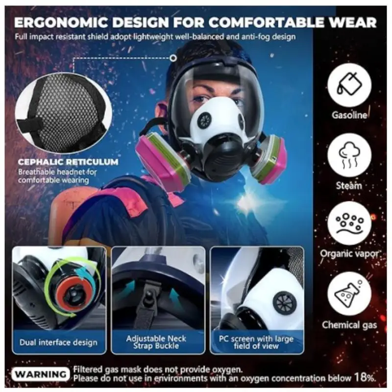 Máscara de gas respirador de cara completa, máscara de gas, adecuada para química de humo, pintura, tácticas - cinturón de supervivencia filtro de carbón activado - imagen 5
