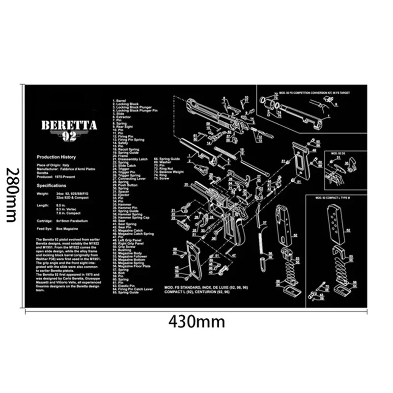 Alfombrilla de goma para limpieza de armas, 280x430mm, con piezas, instrucciones de diagrama, alfombrilla de ratón para 1911 Glock HK USP M92 P220 226 - imagen 4
