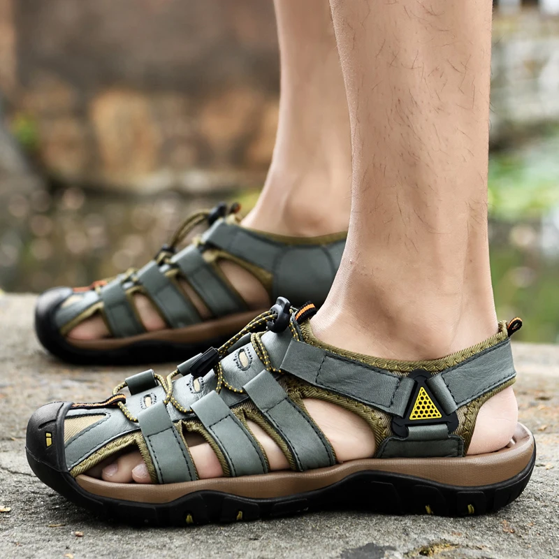 HIKEUP-Sandalias clásicas para hombre, zapatos cómodos de cuero genuino, de talla grande, suaves, para exteriores, romanas, de verano - imagen 5