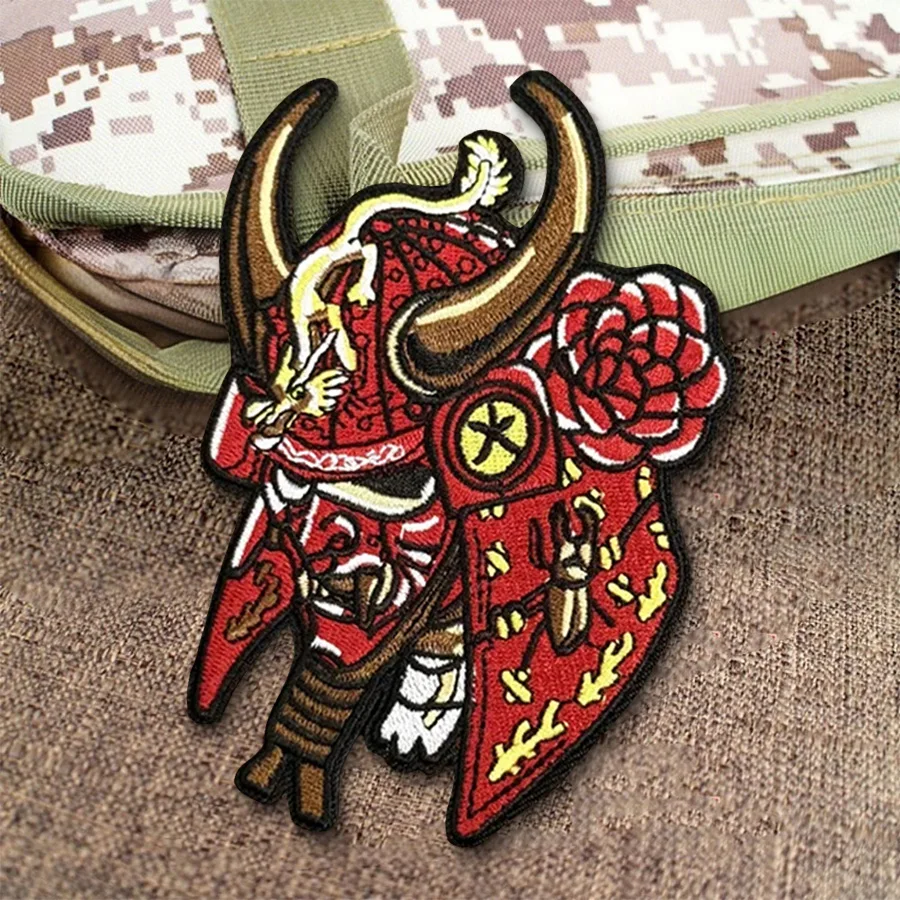 Parche táctico para casco samurái de demonio rojo, brazalete con gancho y bucle bordado, insignia de moral militar, pegatinas para mochila