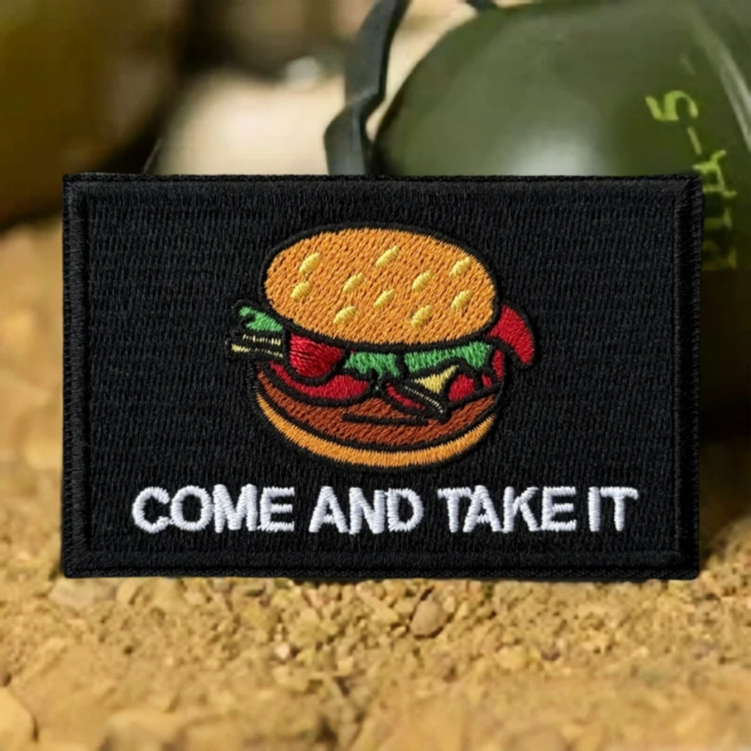 Parche táctico "Come and Take It", parche táctico de moral de hamburguesa, parches de gancho y bucle bordados del ejército militar para ropa, pegatina para mochila