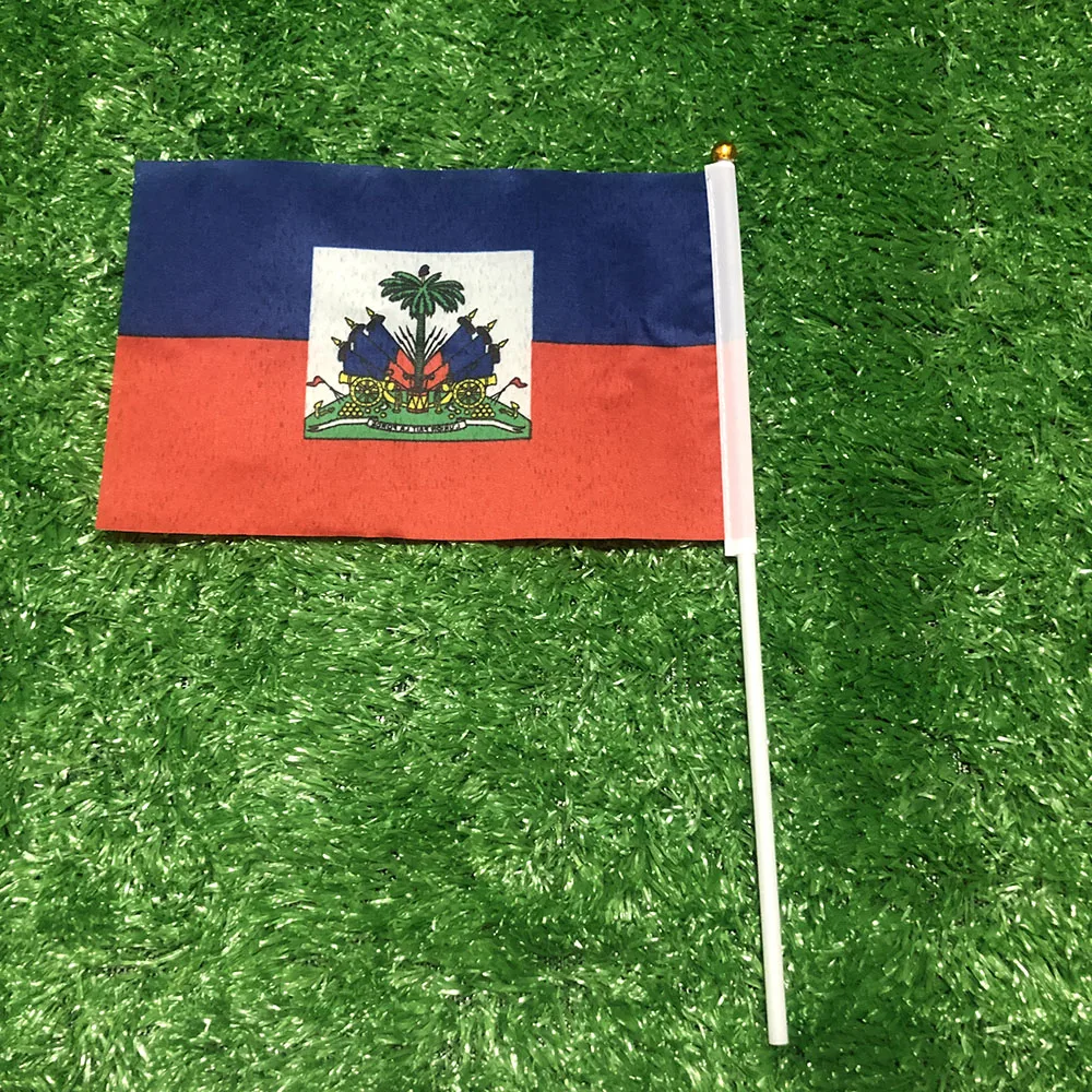SKY FLAG Bandera de mano de Haití 14x21cm 10/20/50/100 Uds poliéster penetración de doble cara HT Bandera ondulada de mano de Haití con poste de plástico - imagen 4