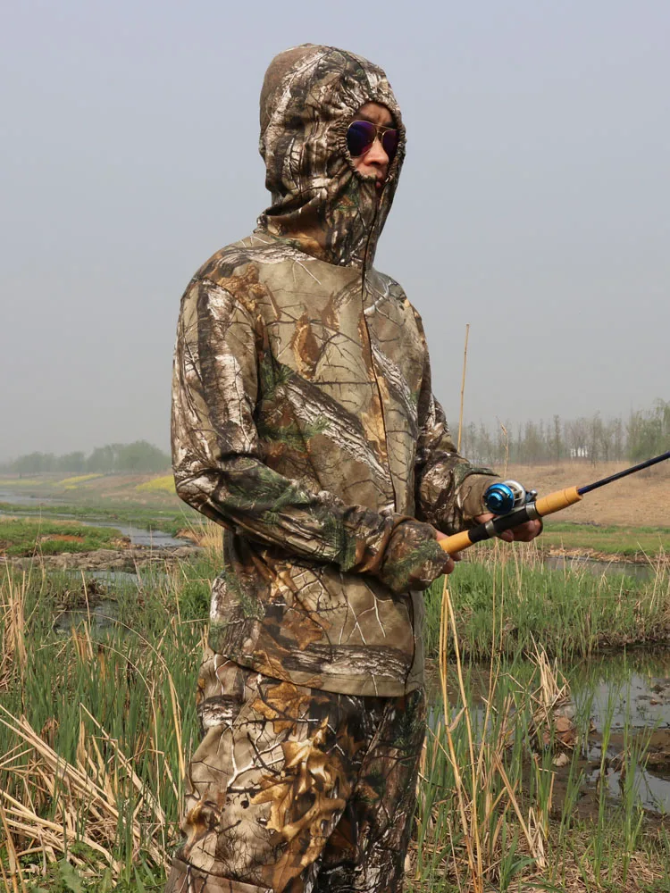Ropa de pesca con cremallera frontal ajustada a prueba de sol para hombre, chaqueta con capucha transpirable de algodón, chaqueta de caza de camuflaje biónico, verano - imagen 5