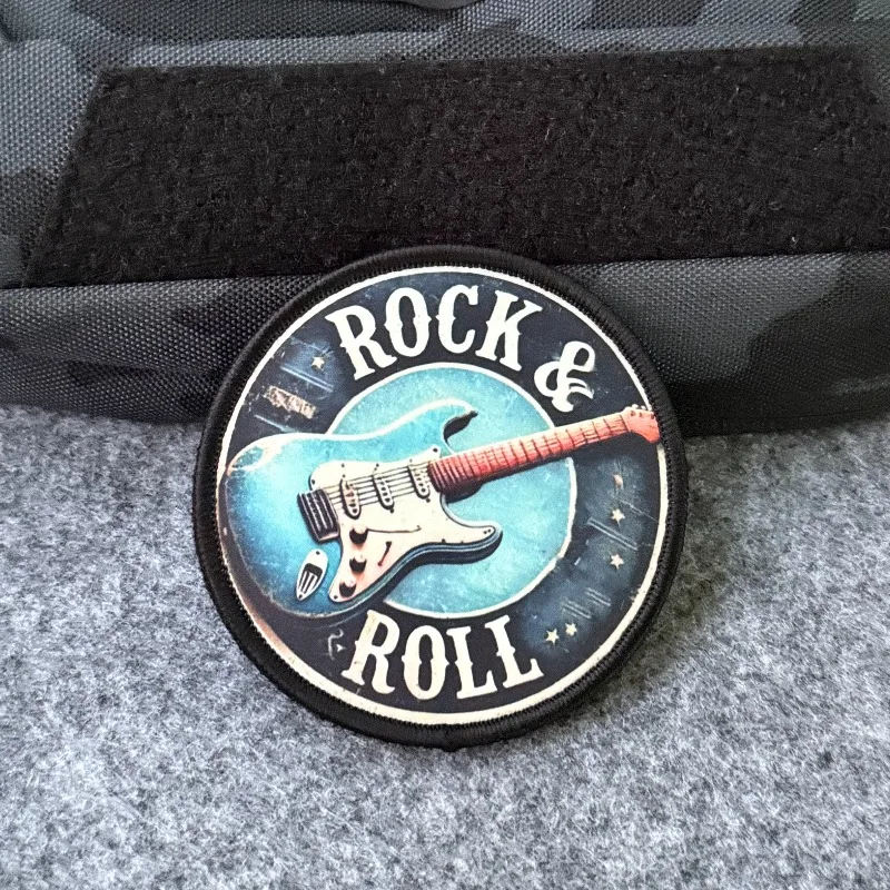Parche táctico Rock & Roll para guitarra eléctrica, insignia de moral de tela redonda, parche de gancho y bucle para mochila, chaqueta, sombrero, decoración temática musical