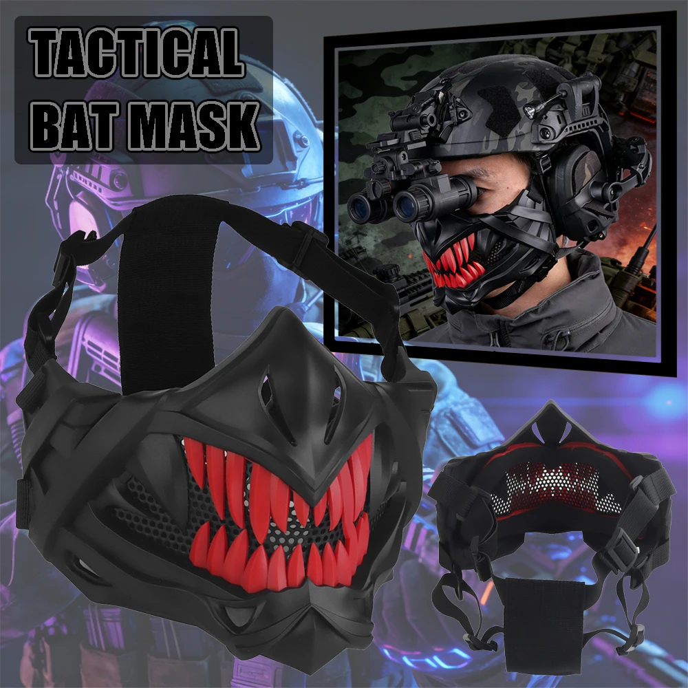Máscara de murciélago de media cara Airsoft con malla de acero transpirable y cojín de EVA máscara protectora táctica ajustable para juego de Paintball CS