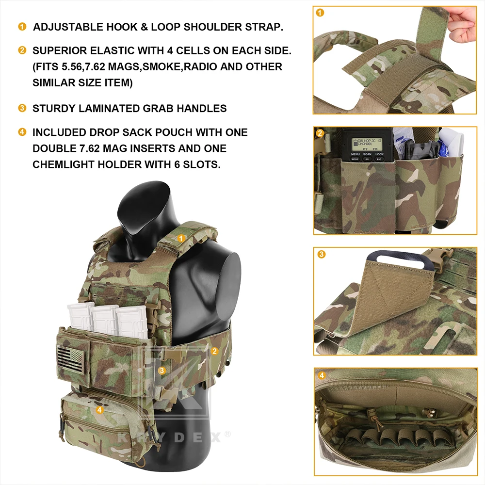 KRYDEX-Chaleco táctico MOLLE, portador de placa lisa de baja visibilidad, faja elástica, bolsa magnética de 7,62 y 5,56mm, chaleco ligero para hombre - imagen 2